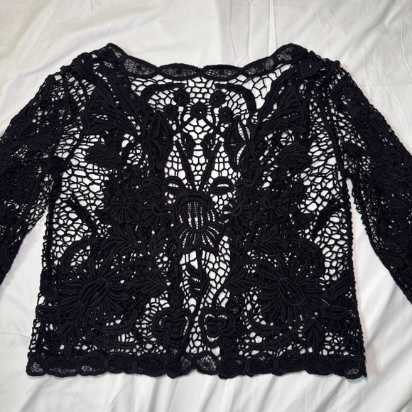 Vintage Sweaters - Vintage 90s Black Crochet Floral Lace Cardigan Sweater